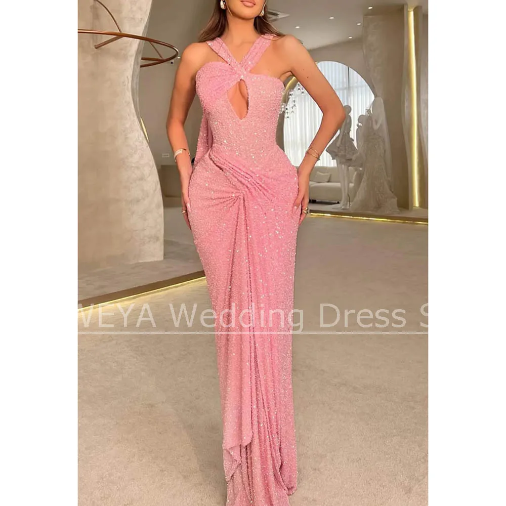 

Гламурные розовые вечерние платья с пайетками и вырезом через шею с рюшами и лифом, облегающие вечерние платья длиной до пола