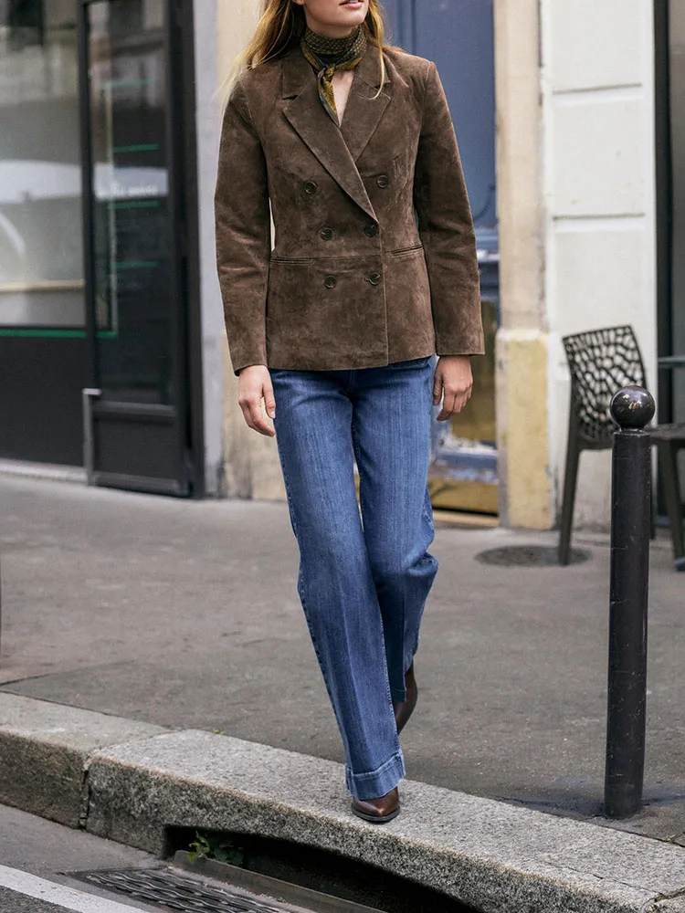 

Осень 2023, Новое поступление, женский кожаный костюм из модной кожи с подушечками, двубортный костюм Ele Commute Sle Long Sve