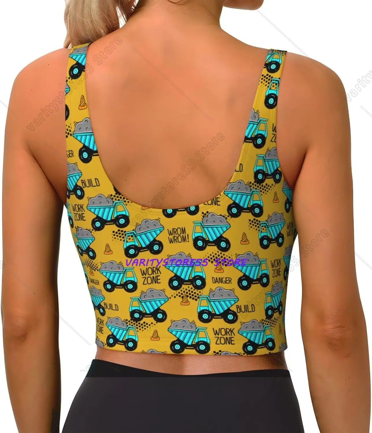 Cute Construction Women's Sports Bra Yoga Crop Gym Tank Top U Back Exercise Workout Top Removable Pads Running Outfits