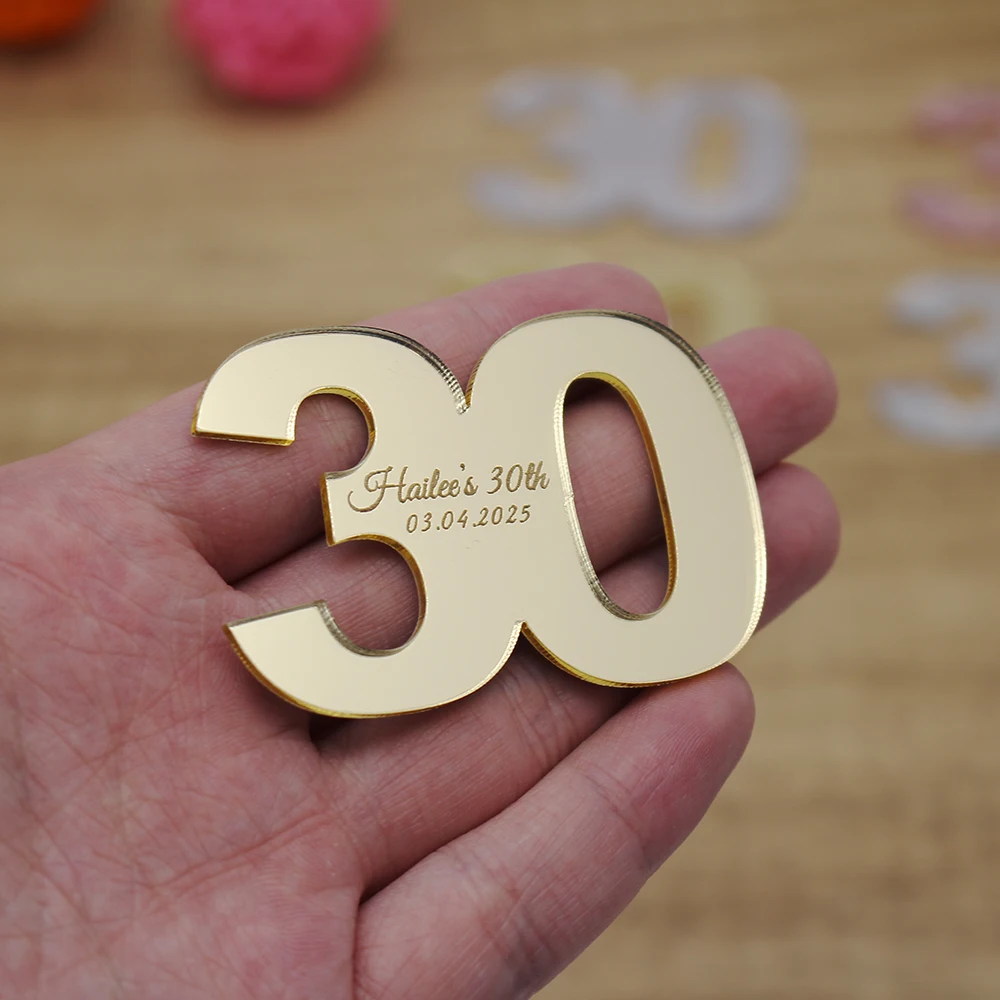 

30/50/60/70/100Pcs Personalized Mirror Number Acrylic Baby Birthday Tags Engraved Baptism Baby Name Tags Number Custom Gift