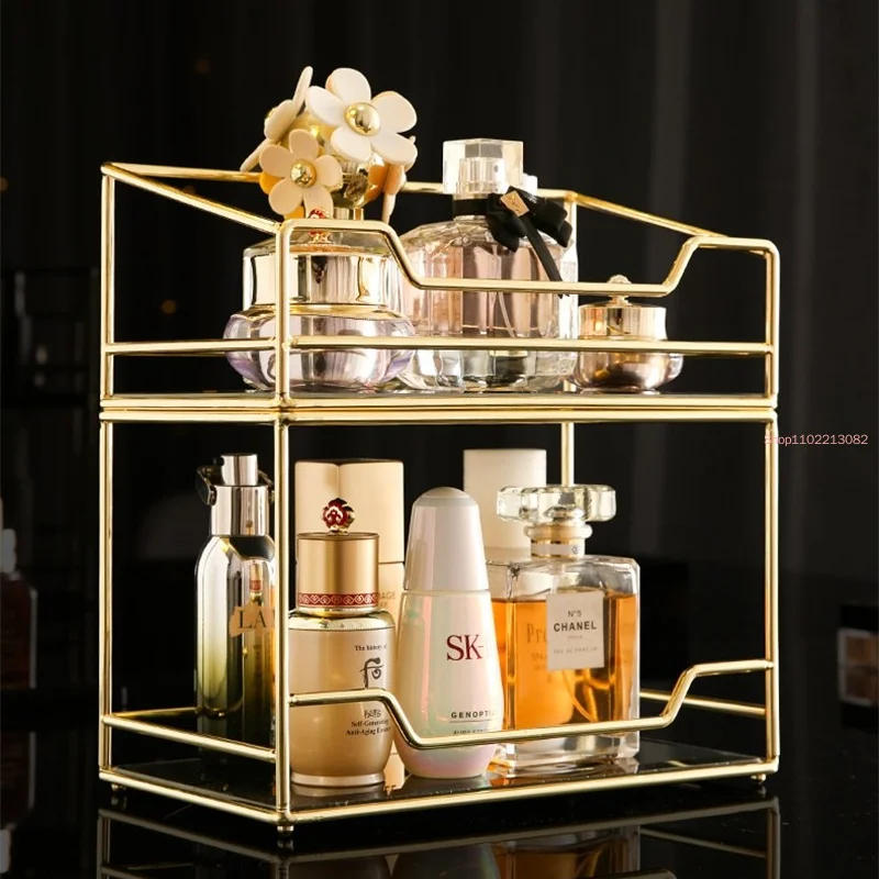

Nordic Luxury Makeup Organizer Jewelry Lipstick Perfume Storage Tray Large-Capacity Cosmetic Storage Box Desktop Finishing Shelf