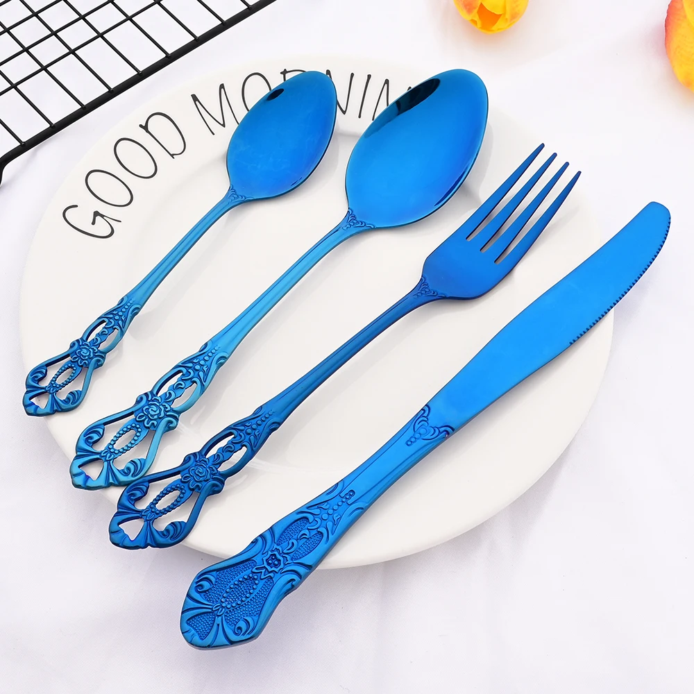 Mirror Blue Silverware Cutlery Sets 304 Stainless Steel Flatware Dining Knife Spoon Fruit Fork Ice Spoon Kitchen Dinnerware