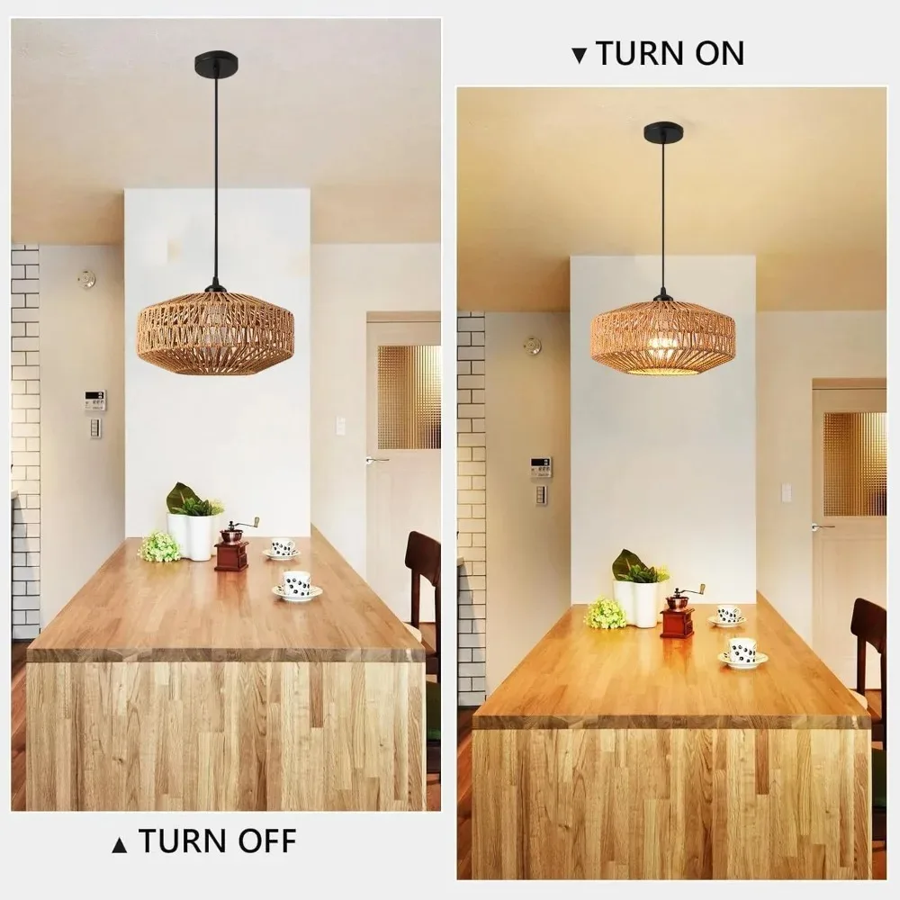 Boho Hemp Rope Chandelier Vintage Wicker Pendant Light Rattan Ceiling Hanging Lamp for Dining Room Bedroom Living Room E27