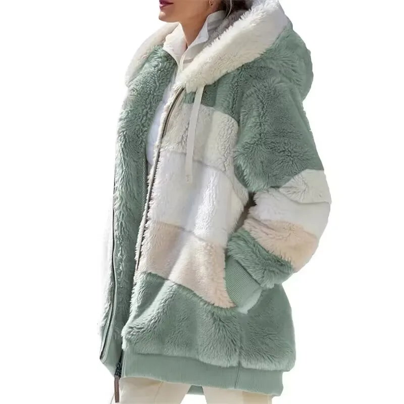 Brand Patchwork Faux Fur Coats Winter jackets Oversize Long Sleeve Thickening Furry Warm Fleece Jacket with Zipper Hooded Pocket