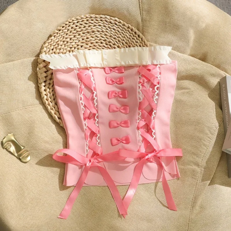 

French sweet lace-up ruffled camisole, elegant and cute contrasting bow tube top, perfect for tea parties and evening parties.