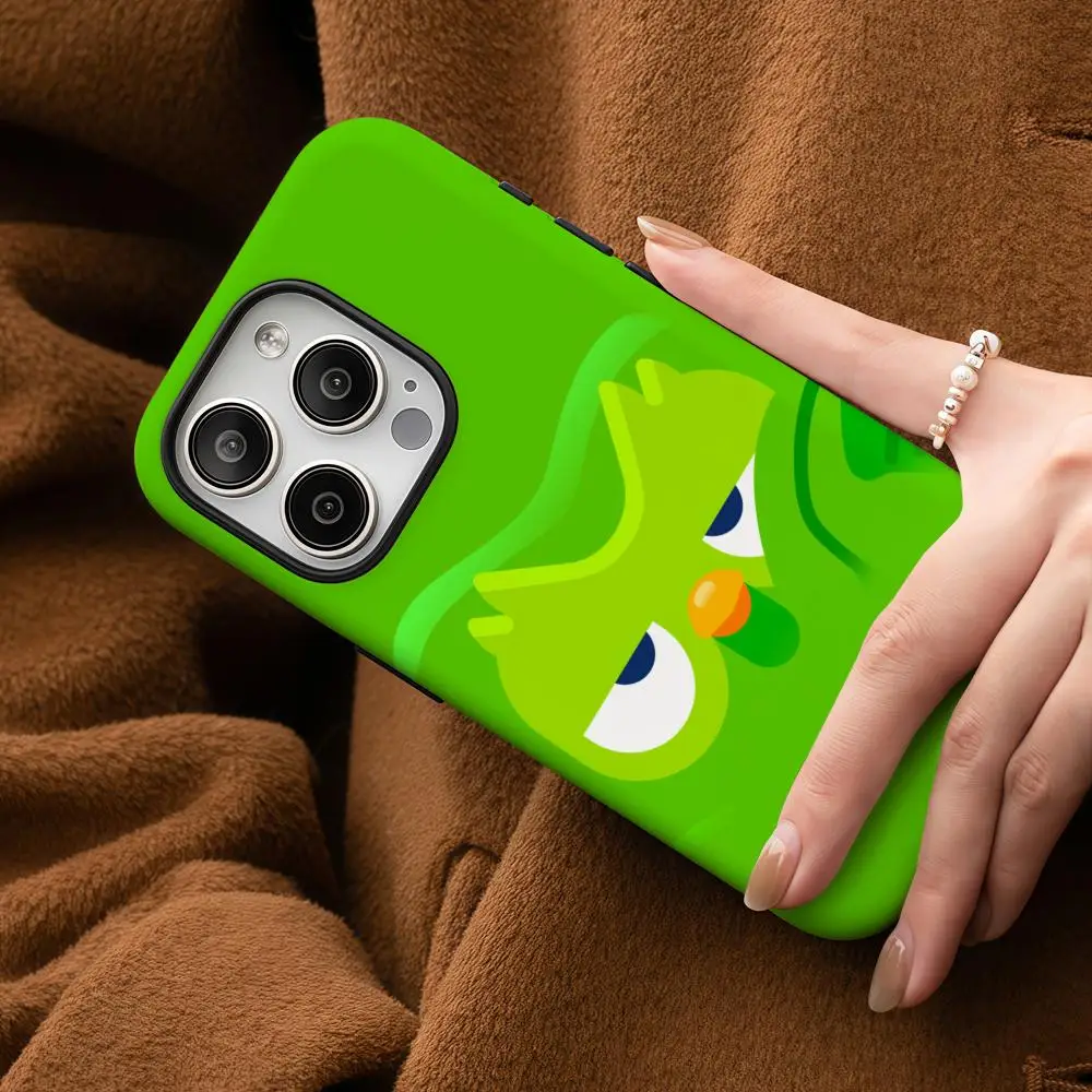 

Cartoon Duolingos Phone Case For Samsung Galaxy S25 24 23 22 Ultra Plus A56 36 26 Glossy HD Double-Layer Hard Shell