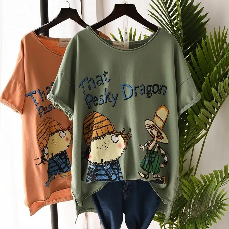 

2024 Summer New Women's Short Sleeve Korean Commute Loose Casual Sporty Cartoon Letter Printed Asymmetric Crew Neck T-shirt Tops