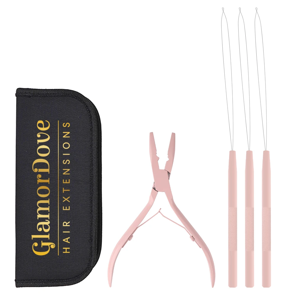 

GlamorDove Hair Extensions Tool Kit – Pliers & 3 Loop Needle Tools for Bead/Micro Ring Extensions, Salon & Home Use