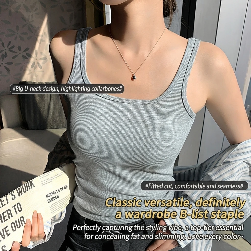 Women Tank Top Solid Color U Neck Sleeveless Slim Fit Camisole Ribbed Spice Girl Y2K Sexy Basic Layering Vest Summer Spring