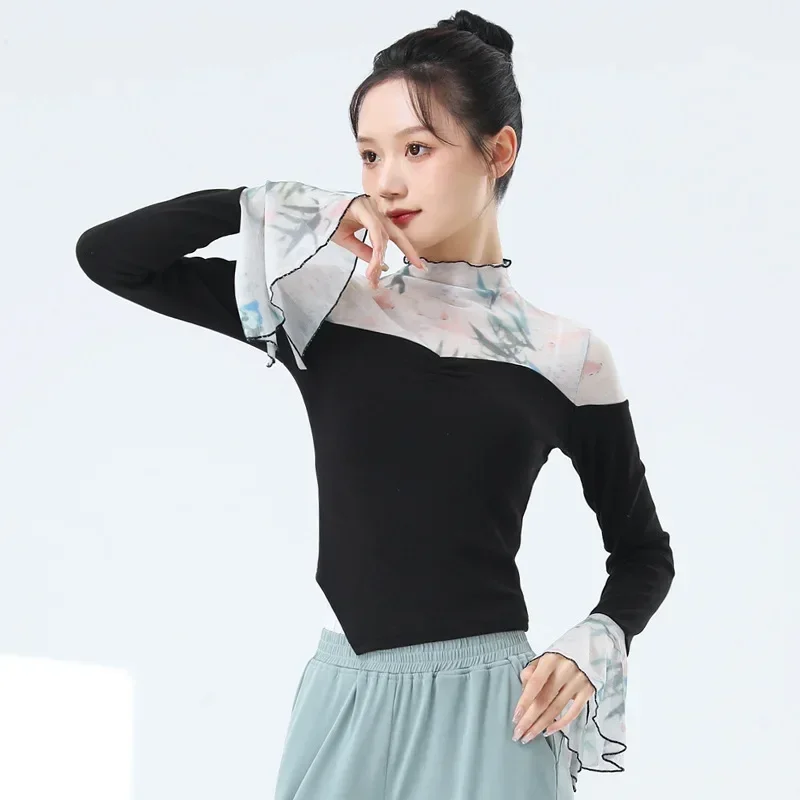 Modern dance practice clothes women's summer splicing water sleeves new dance clothes slim mesh classical dance Chinese