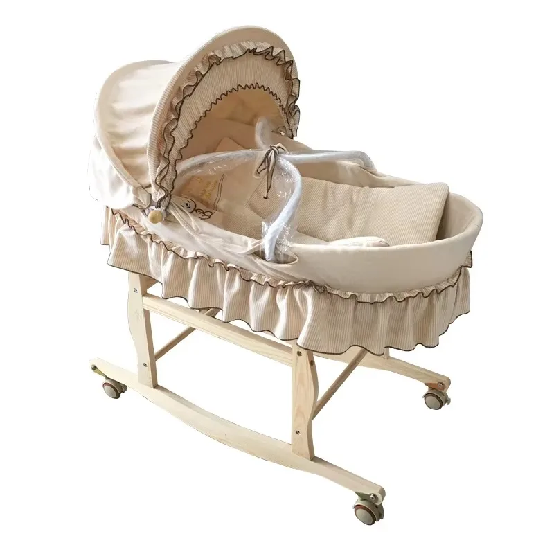 Natural Cornhusk Newborn Sleeping Basket Portable Crib with Soft Sponge Pad Textile Pad and Support Frame