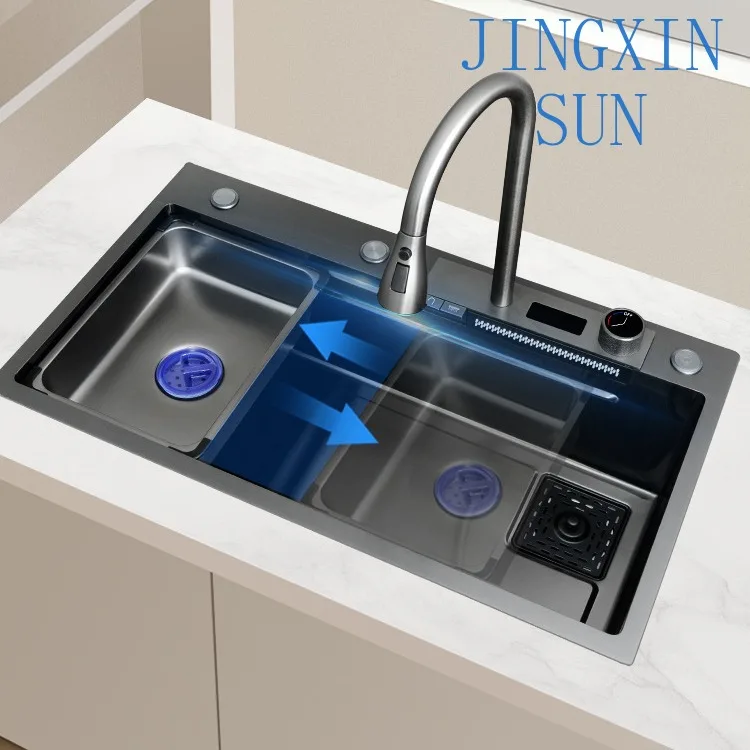 Multifunction Black Undermount Modern Waterfall Smart Kitchen Sink Stainless Steel Pull Out Faucet for Kitchen Sink