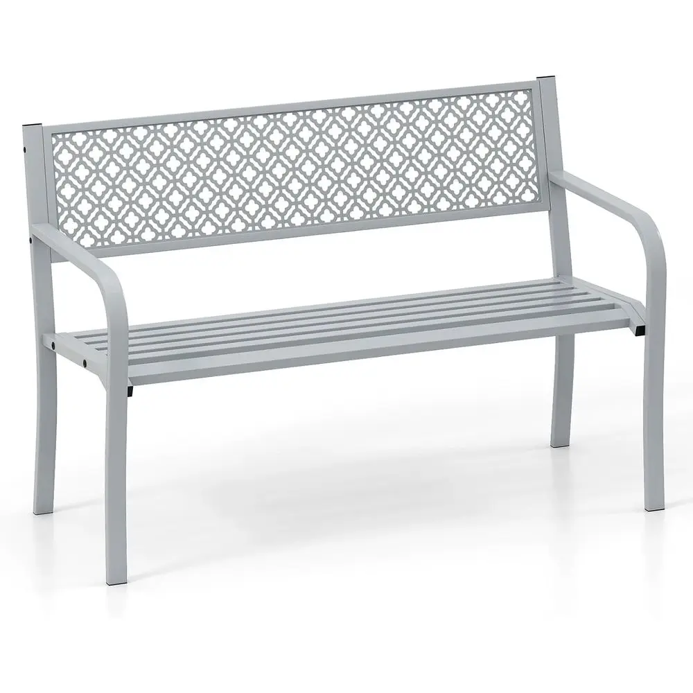 

50 Inch Outdoor Metal Garden Bench with Geometric Backrest, Armrests, Slatted Seat for Patio, Porch, Lawn (Grey)