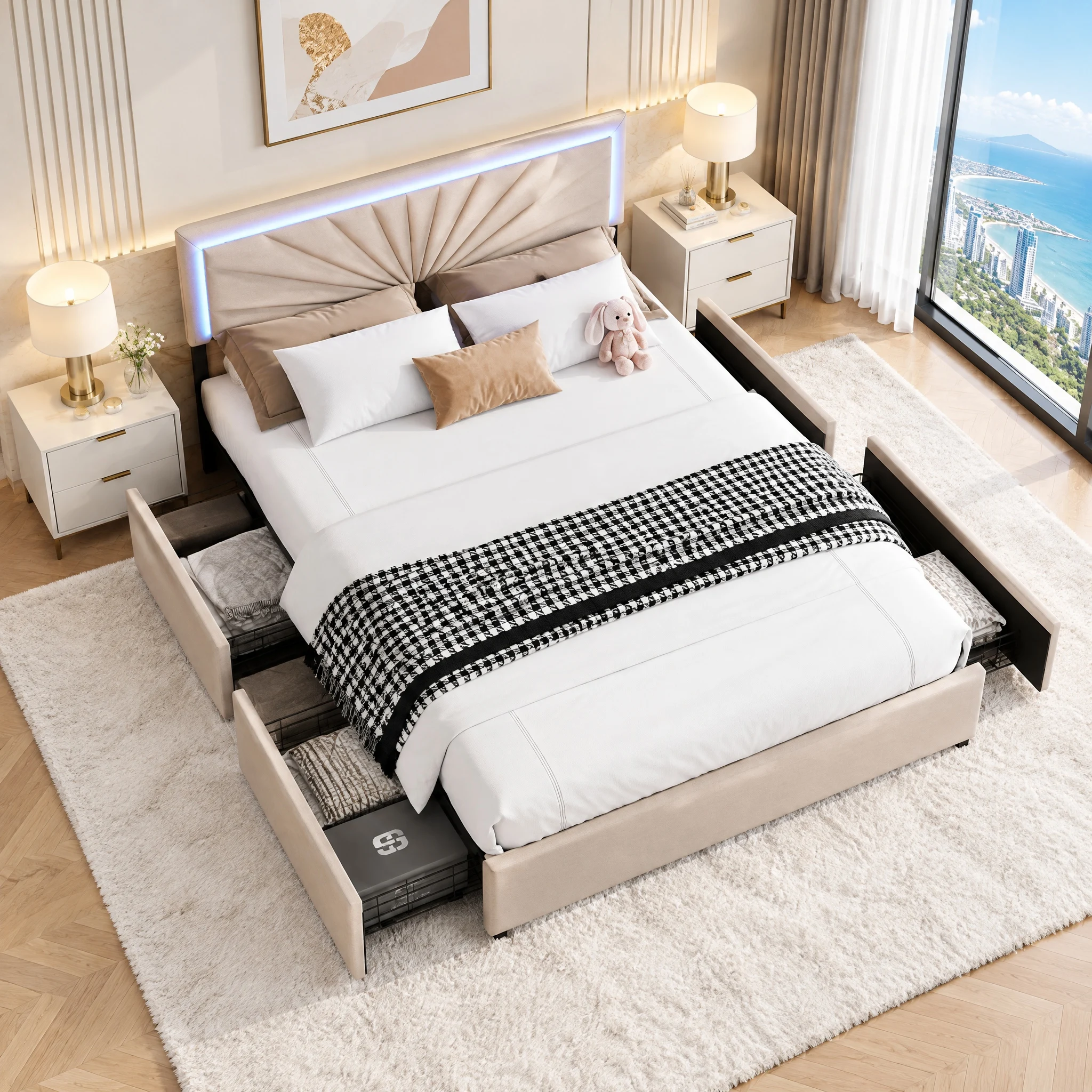 Cama doble Fangange de 160x200 cm con 4 cajones, cama tapizada con espacio de almacenamiento, cama juvenil con estructura metálica y somier de madera,