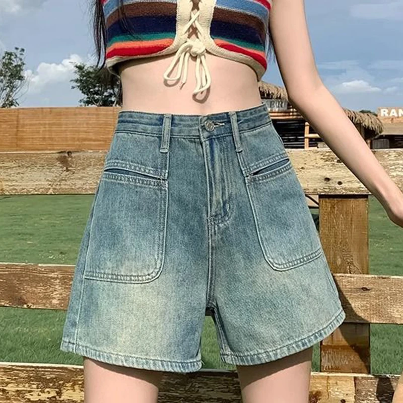 Spring and summer new high waisted denim shorts for women with loose and casual design  retro wide leg A-line hot pants