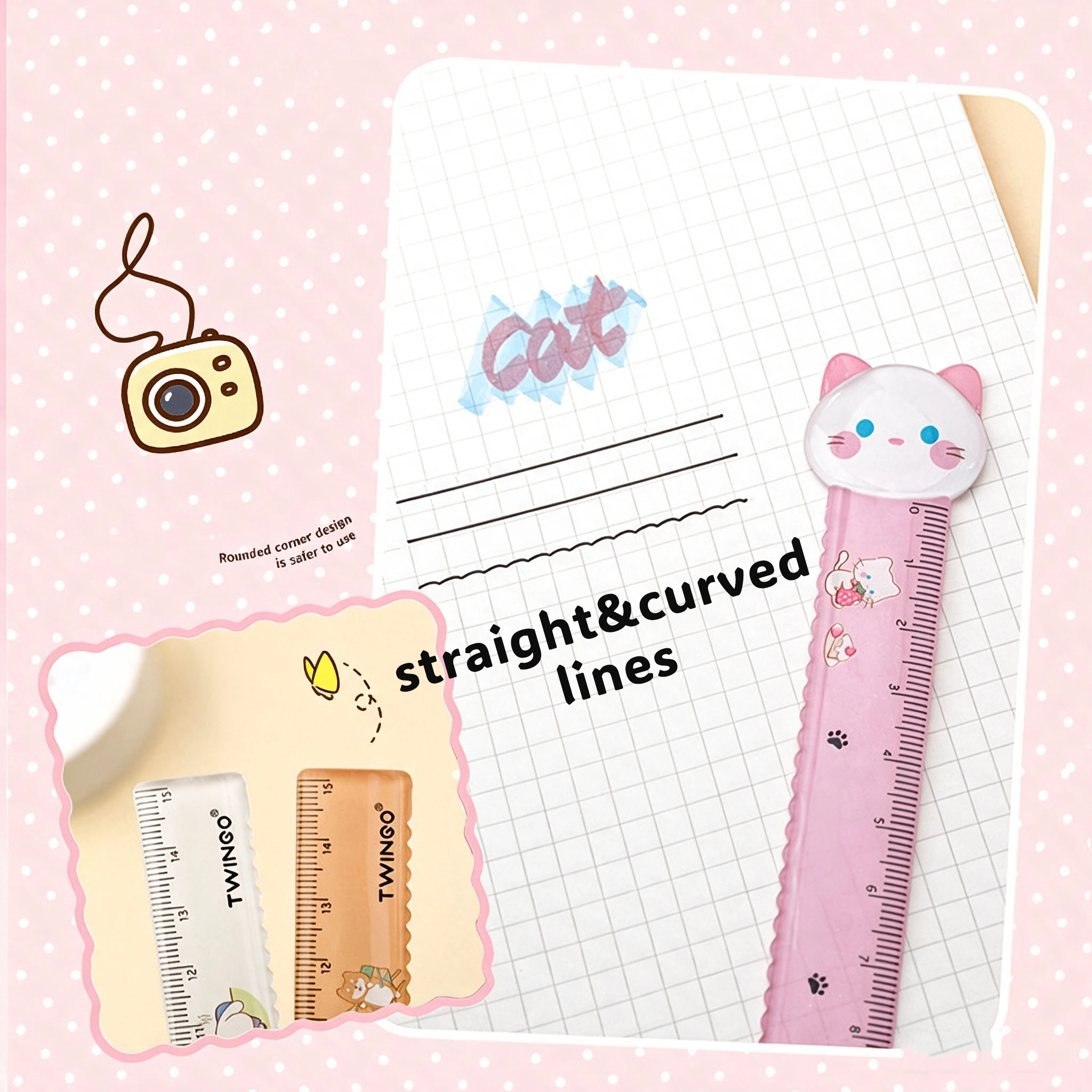 Cartoon Animal Straight Ruler 15cm Dog Cat Curved Line School Ruler for Students
