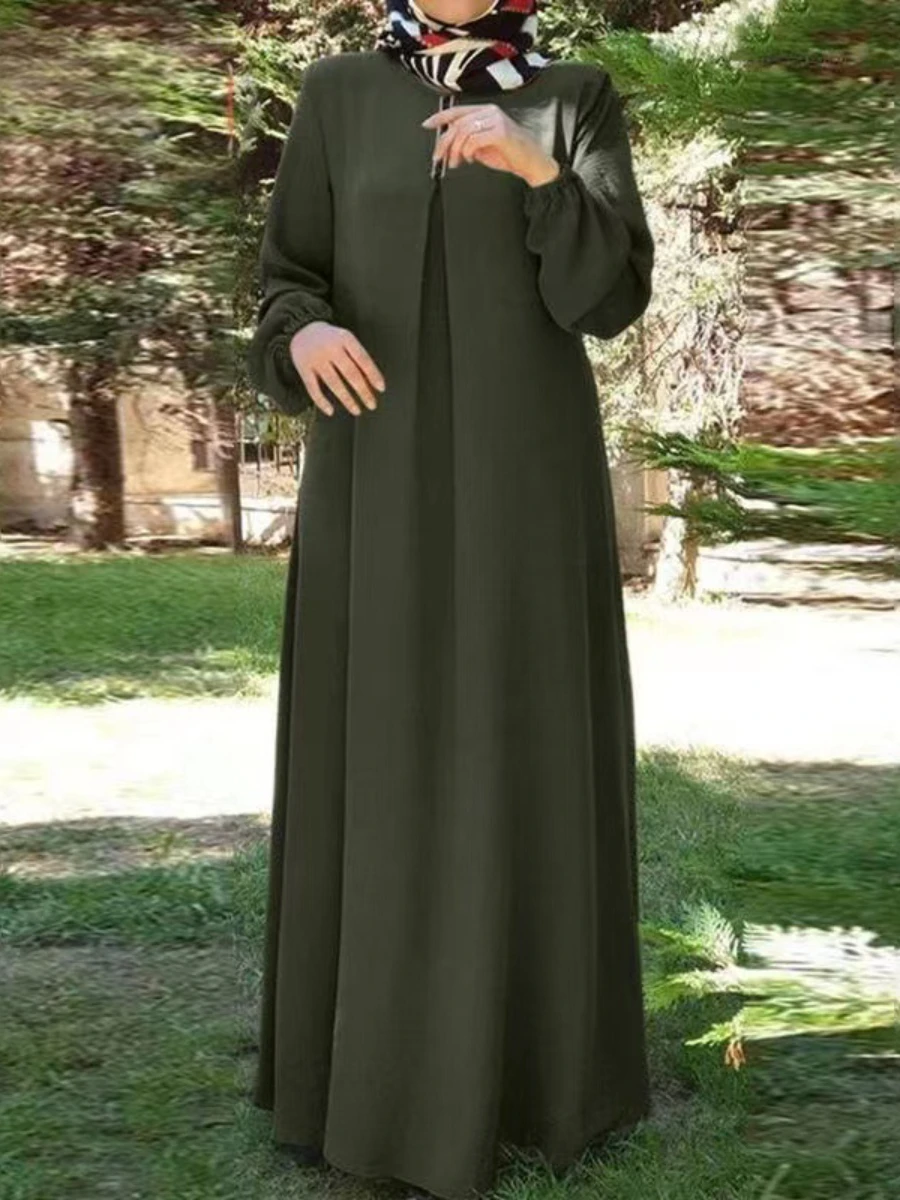 Abaya Muslim Women Clothing Solid Color Robe Long Sleeved Loose Round Neck Dress Vintage Loose Kaftan One Piece Set Gown 2024