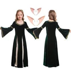 Kids Medieval Renaissance Princess Queen Cosplay Swing Dress Costume Girls Gown Robe Vampire Elf Ear Halloween Carnival Suit