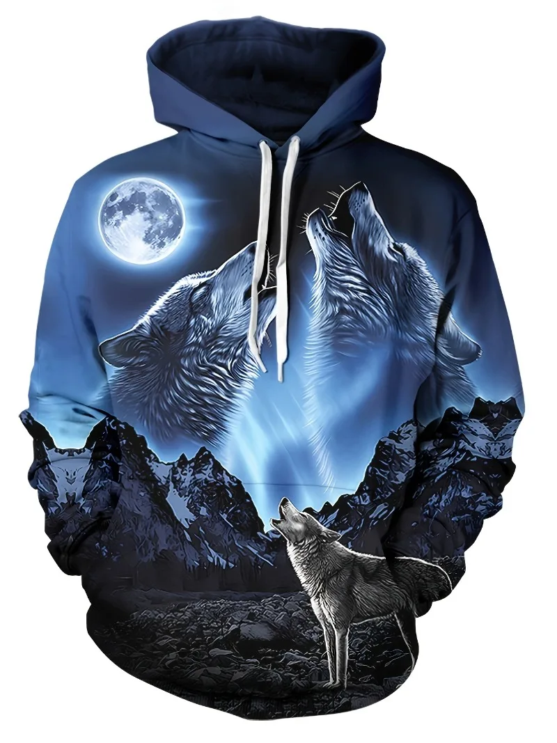 Sudadera con capucha para hombre con estampado de lobo en 3D, sudadera con capucha de calle para hombre de tendencia de moda,