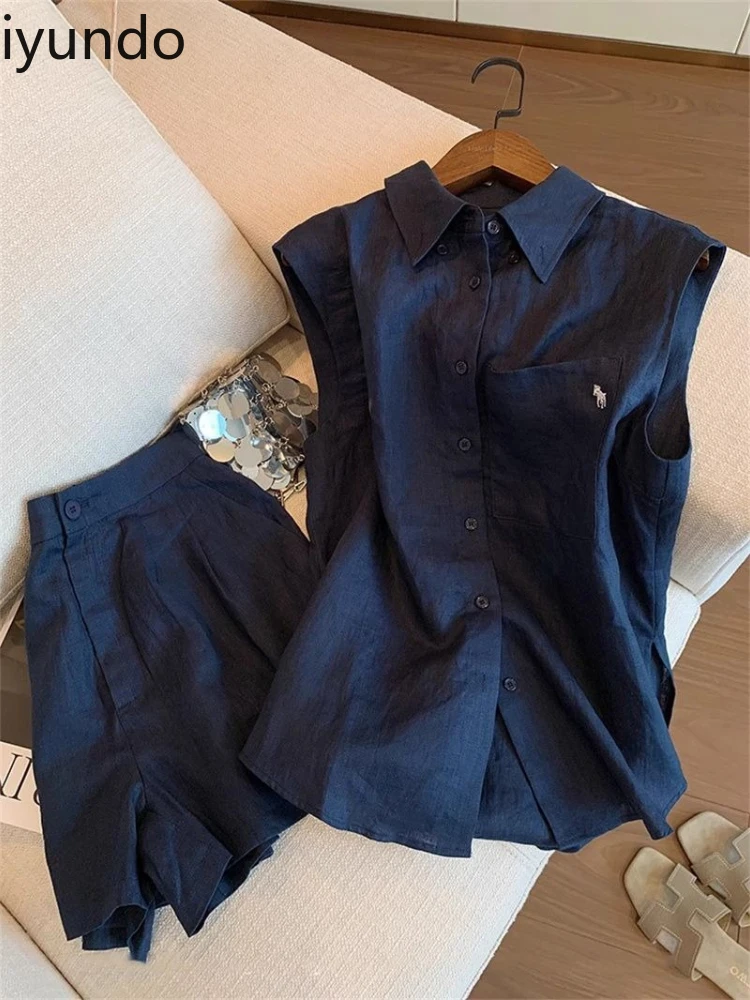 

Women's Summer Short Sleeve Embroidered Shirt & Shorts Set Navy Blue Lightweight Luxury Trendy Two-Piece Outfit Casual