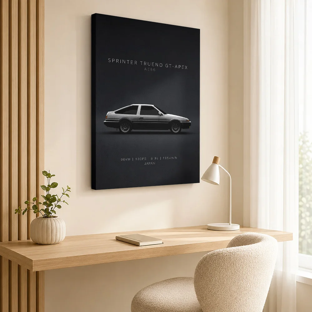 Japanese Sprinter Trueno GT-Apex AE86 Black Car Canvas Posters Neon Wall Art With Customized Photo For Office Ideal Driver Gift