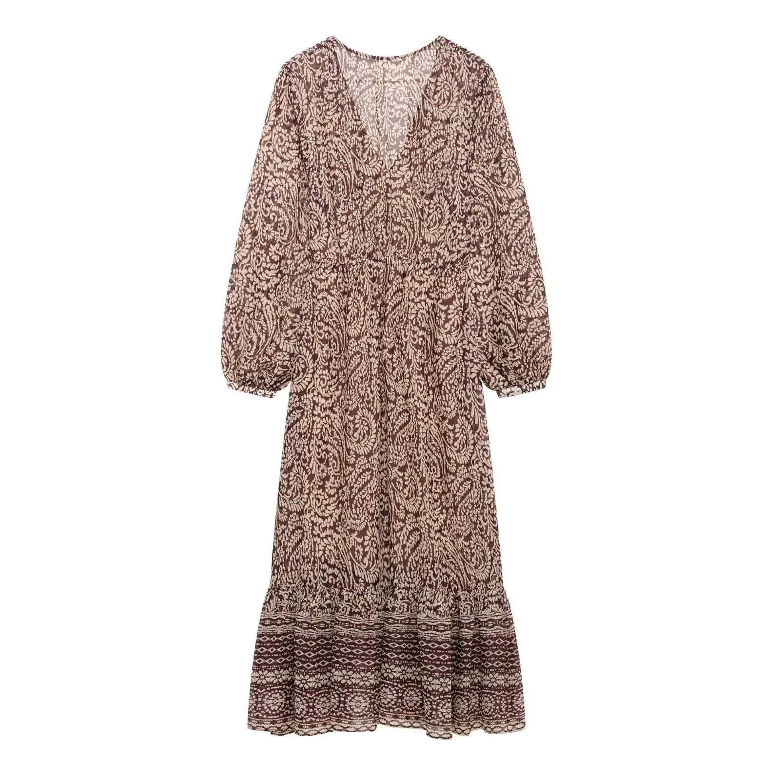 Vestido Midi E com Estampa Decorativa em Camadas, Nova Chegada de Primavera, Moda Fena JNLEAOG, Manga Longa, Decot...