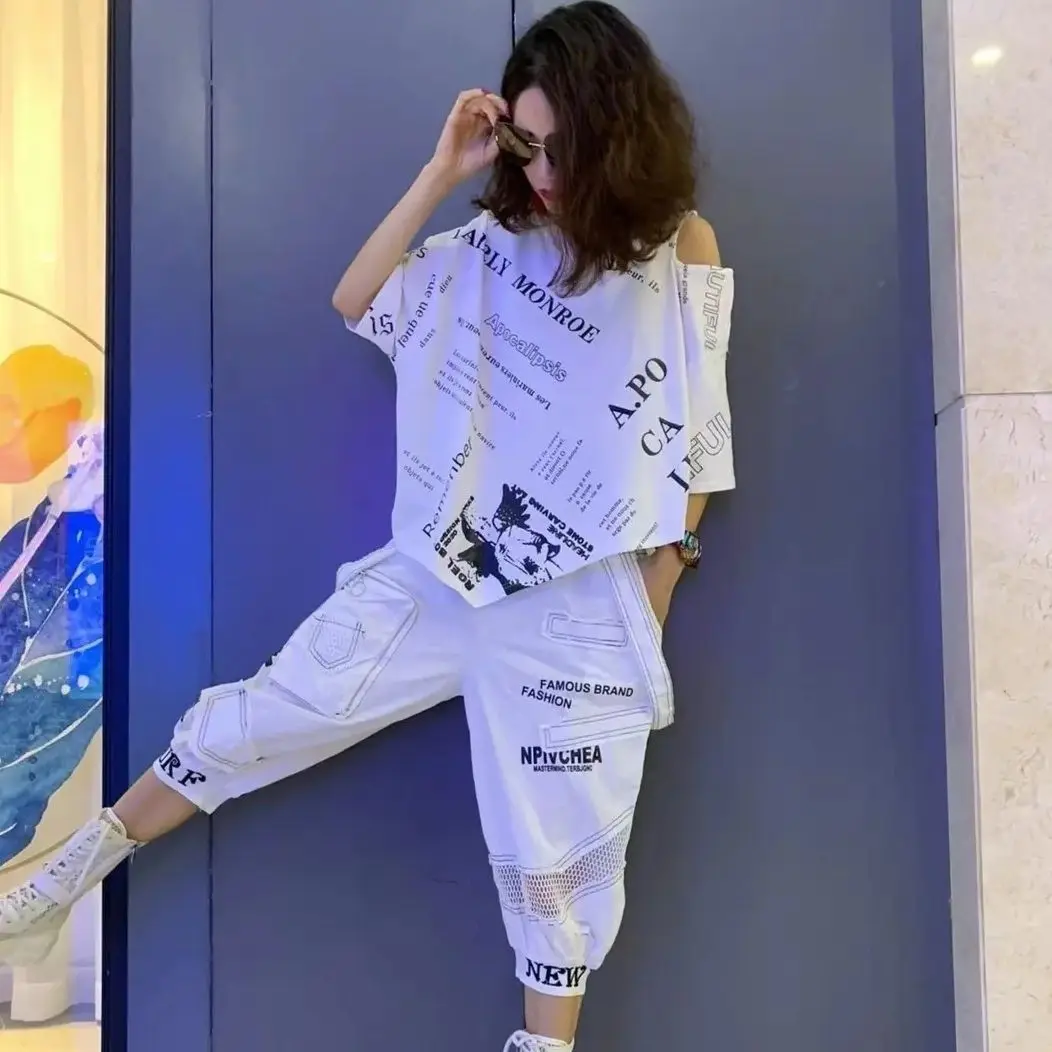 2-piece set Korean Women Summer Outdoor Sports Leisure Suit Fashion Hollowed Out Loose Female Top T-shirt Patchwork Harlan Pants