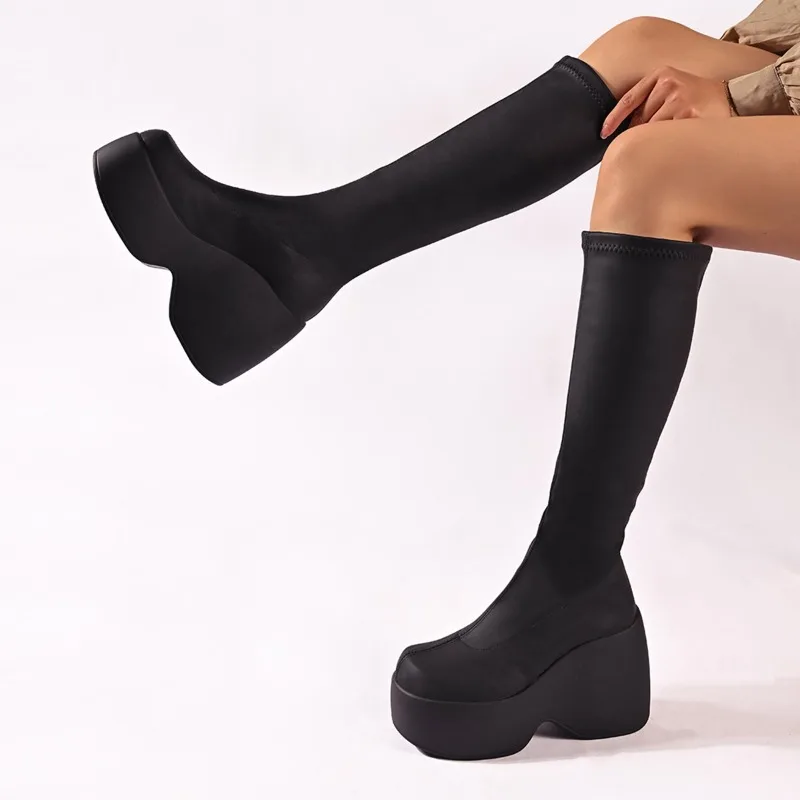 PlatformWedge Heel Women Knee High Boots Concise Round Toe Slip On Shoes Gothic Style Stretch Slim Leather Long Boots