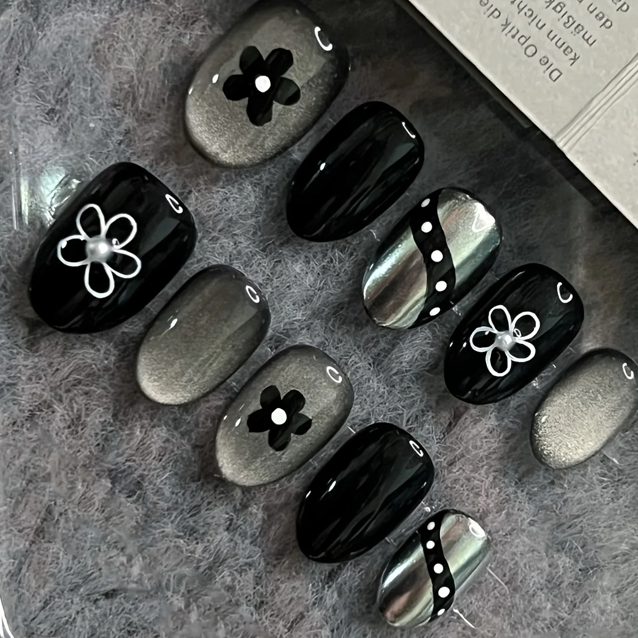 10 faux ongles en forme de haricot pressés à la main, magnifiques faux ongles, fleurs œil de chat, adaptés aux femmes