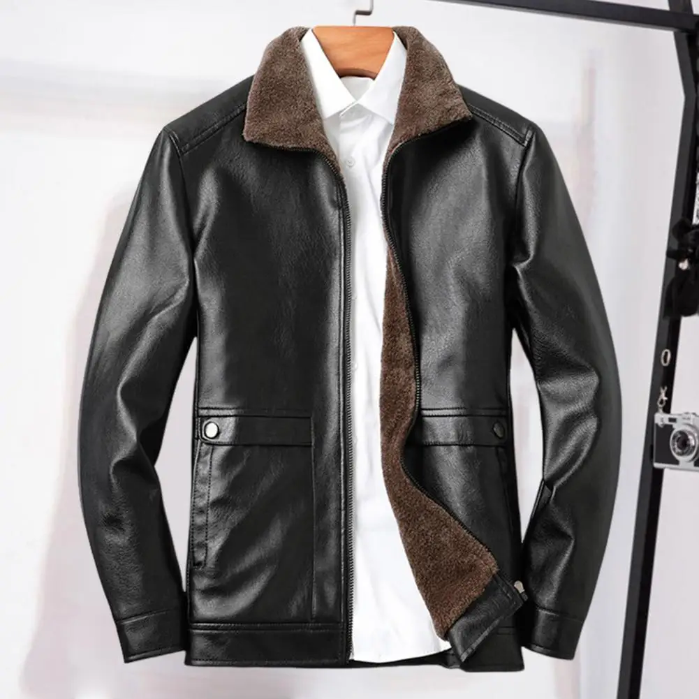 Men Faux Leather Jacket Stylish Men's Lapel Faux Leather Jacket with Plush Lining Side Pockets Windproof Biker for Winter