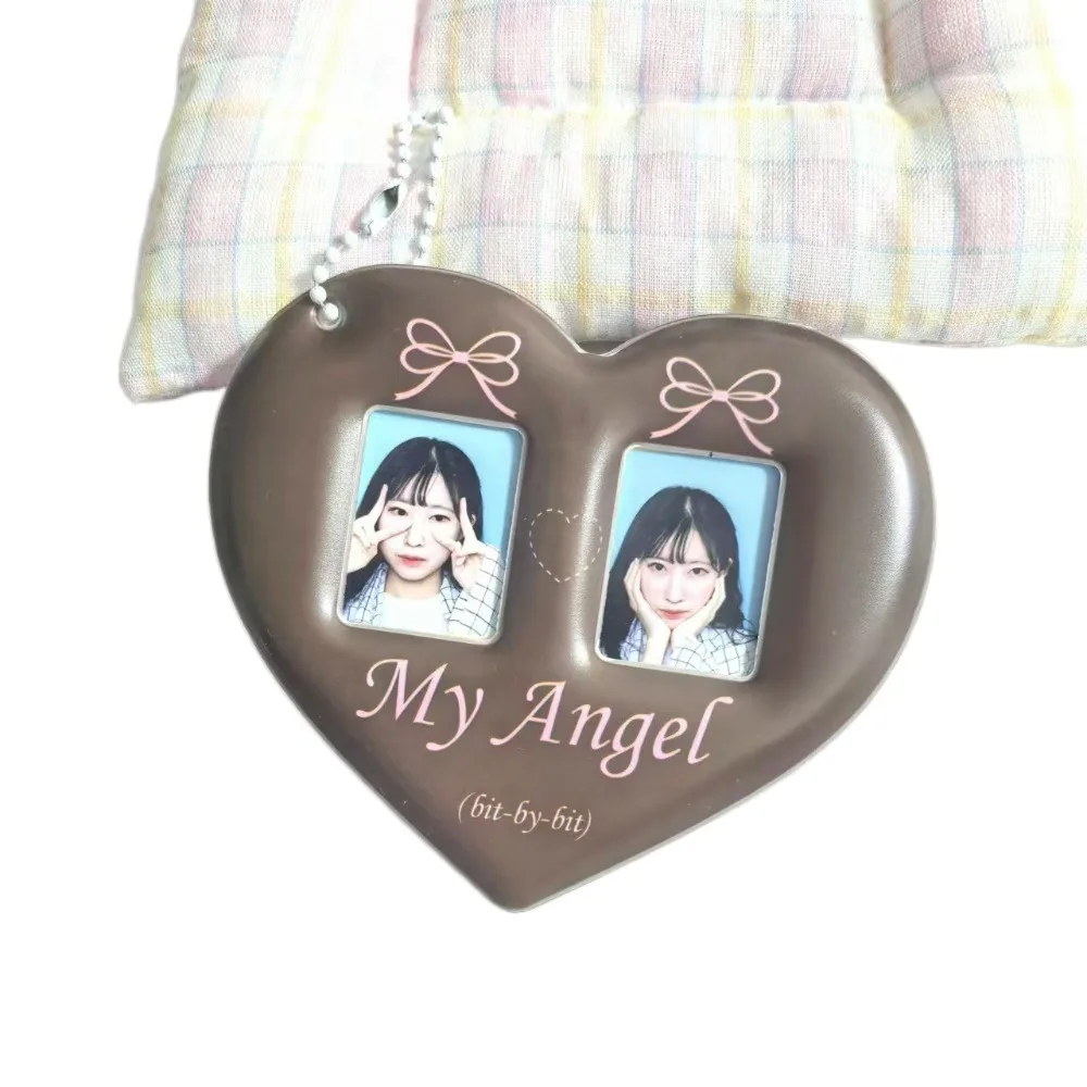 

Creative Love Heart Photocard Holder 2 Slots with Keychain Idol Photo Protective Cover Colorful 1 inch Bag Pendant for Girls