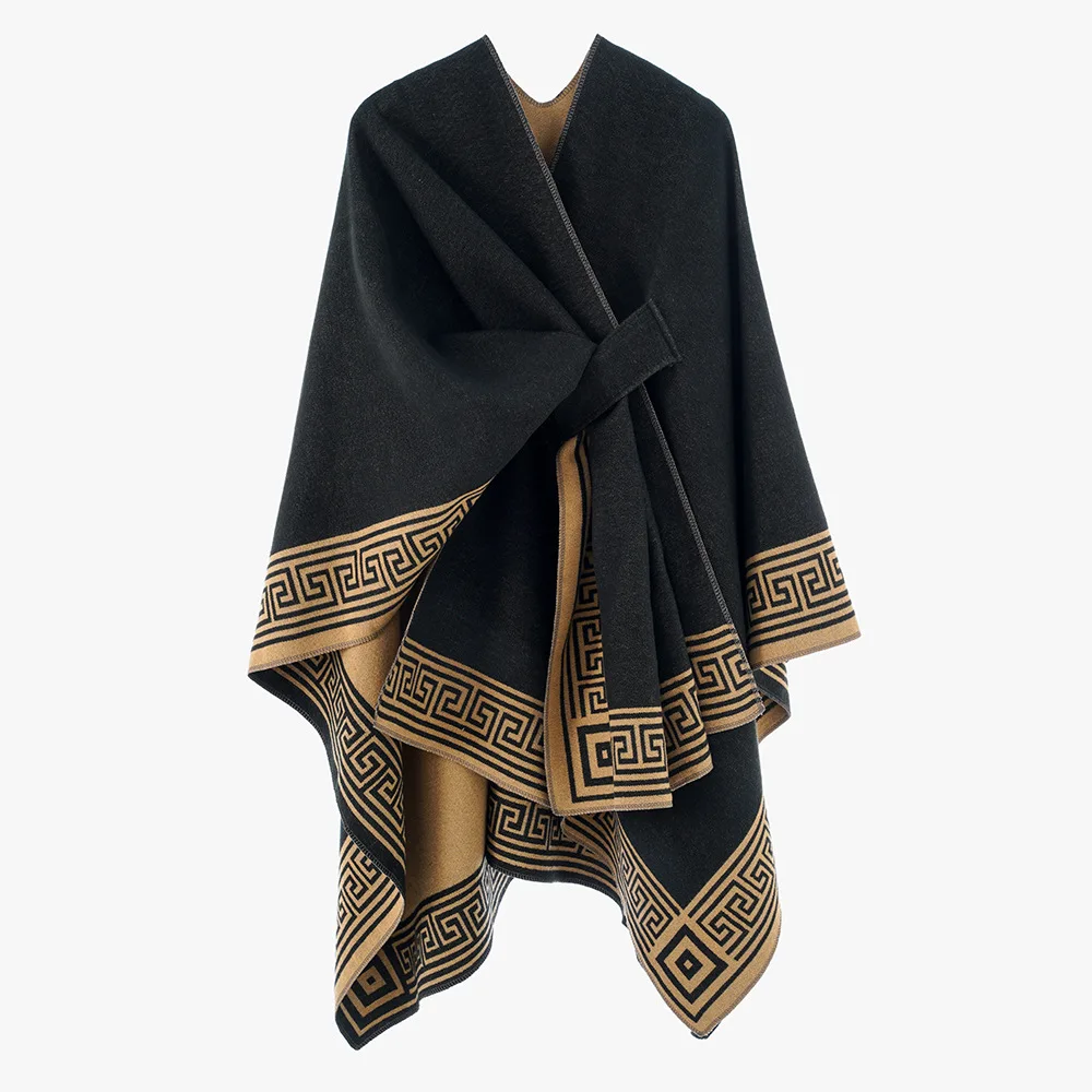 Vintage Greek Key Pattern Soft Faux Cashmere Cape Long Poncho Tie Closure Wraps Spring Fall Winter Warm Thick Shawl Unisex