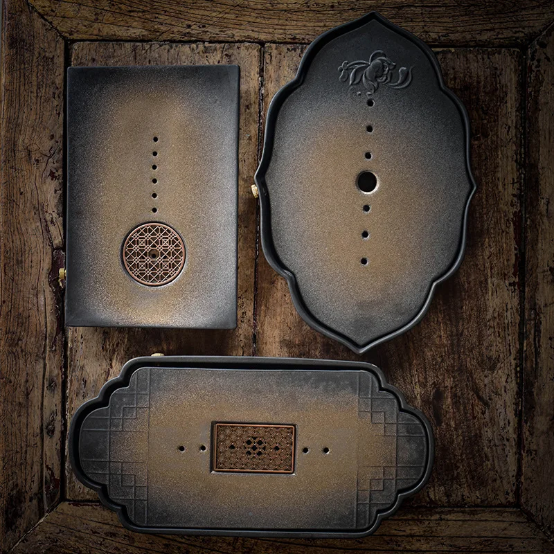 Kiln Change Gold Dry Bubble Tea Tray Water Storage Zen Japanese Simple Ceramic Tea Set Draining Tea Table Tray