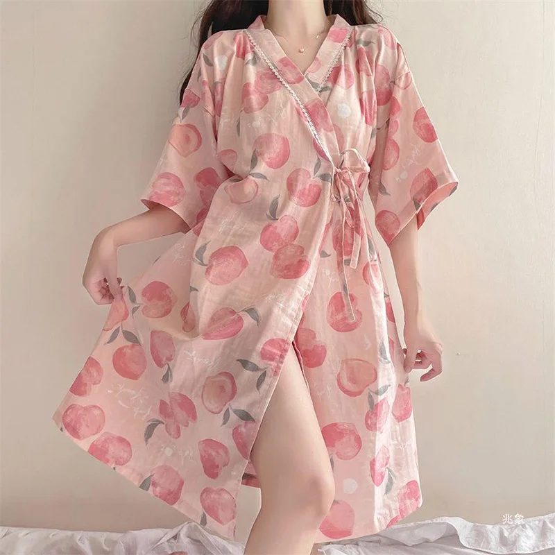 

Japanese Style V-Neck Cardigan Tie-up Bathrobes Pajamas For Women Summer Pink Printed Half Sleeved Loose Thin Home Nightgown