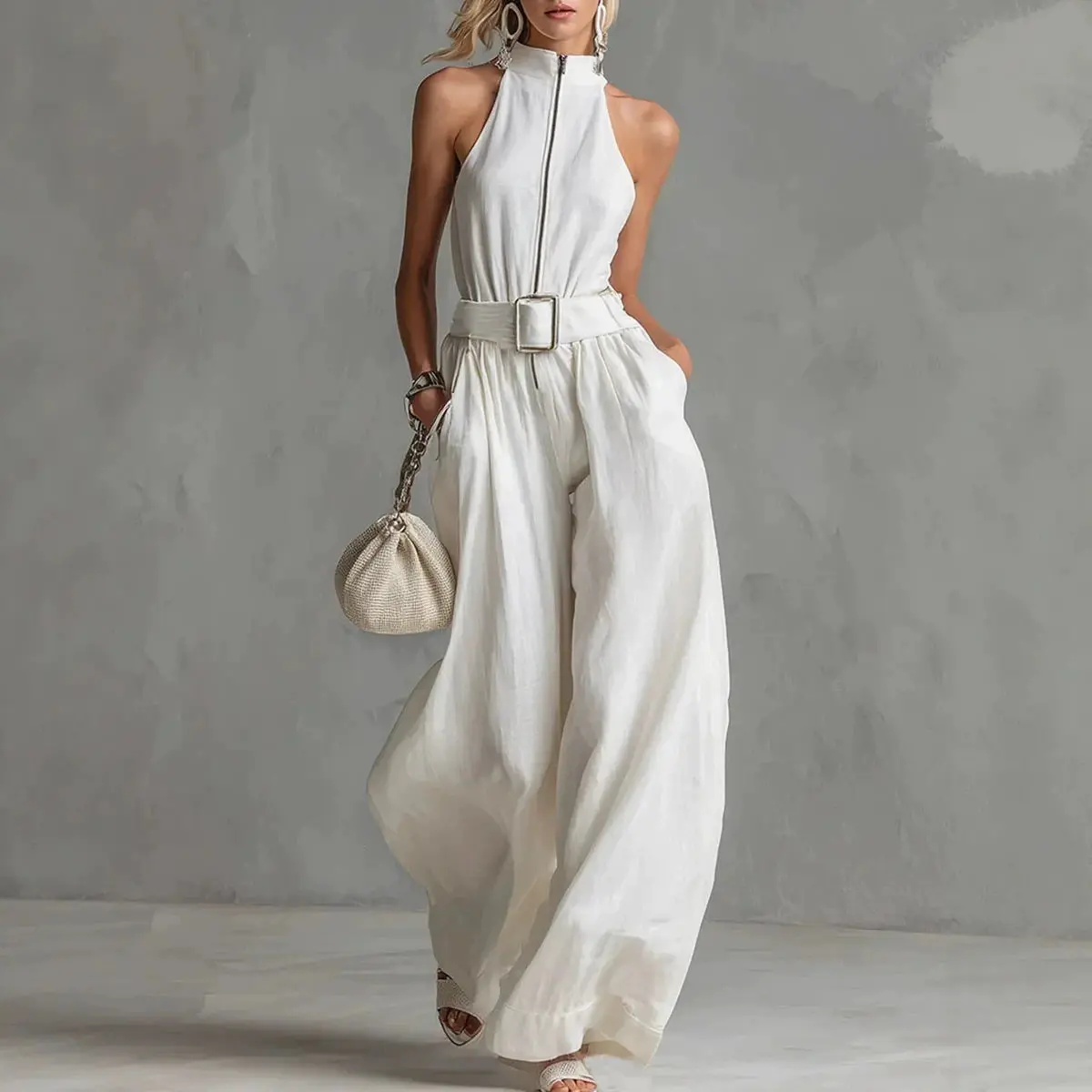 Women's Jumpsuit Elegant Halter Neck Sleeveless Zipper Romper Wide Leg Pants Ov…