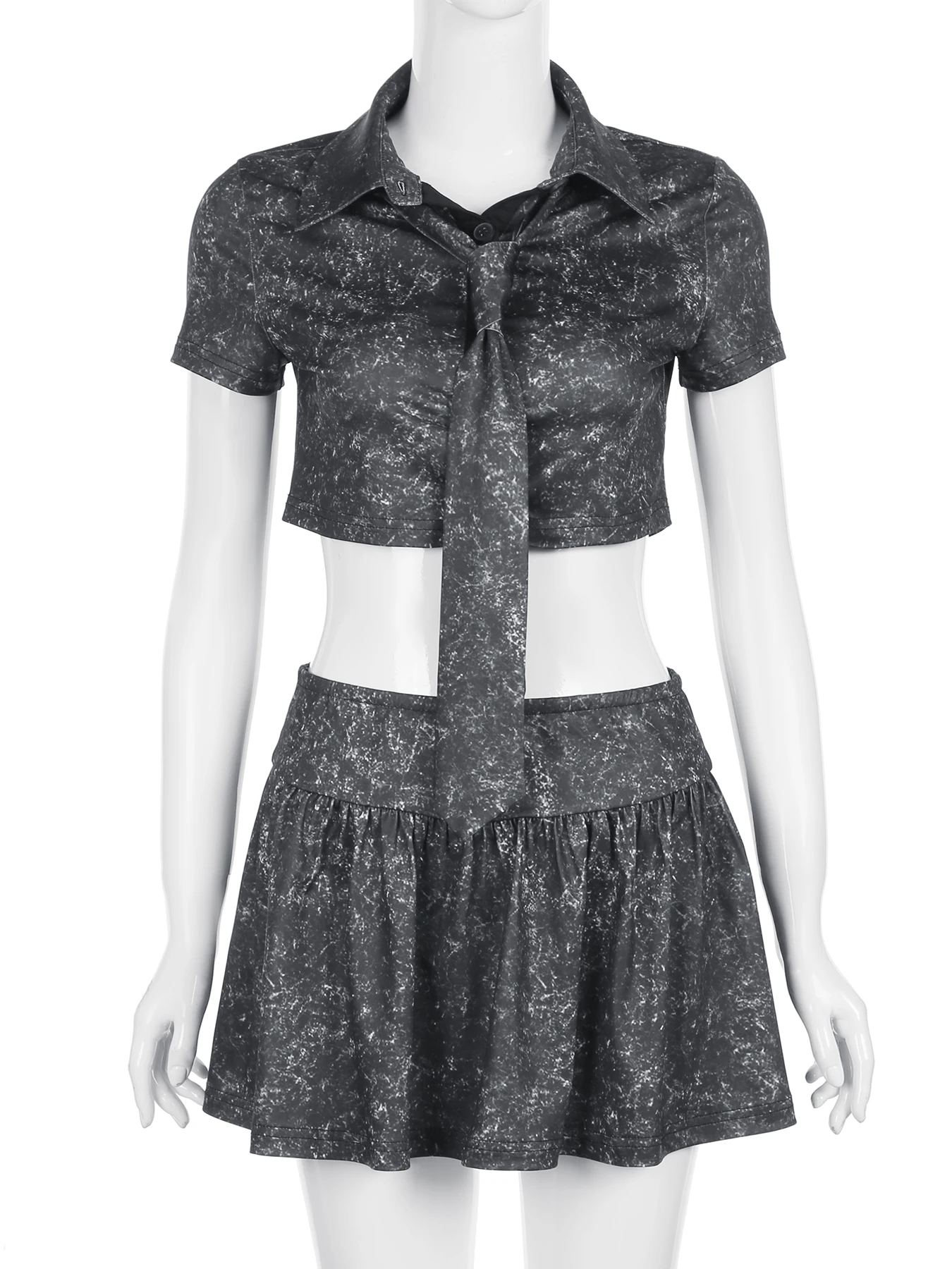 Rockmore Vintage Street College Pleated Skirt Suit 2-Piece Polo Neck Tops Mini Pleated Skirts Set Fashion Short Sleeve Outfits