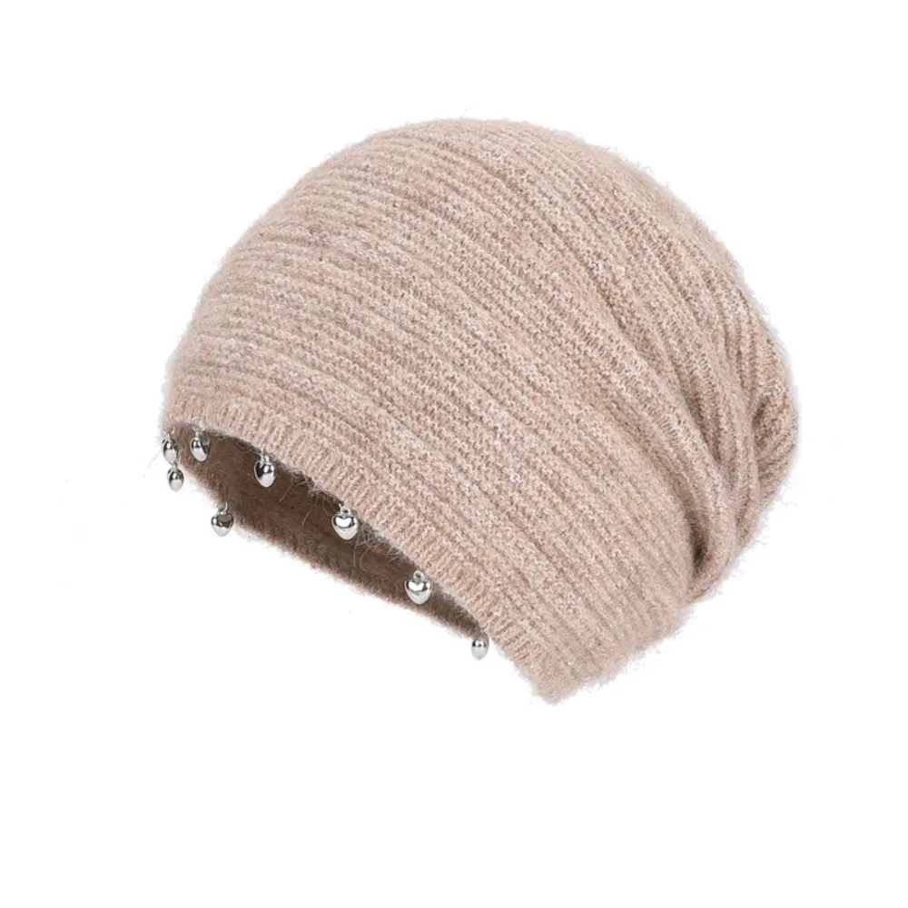 Soft Slouchy Beanie Hat Thickened Metal Pendant Detail Knitted Slouchy Hat Hand-Beaded Design Ribbed Cuff Casual Winter Hat