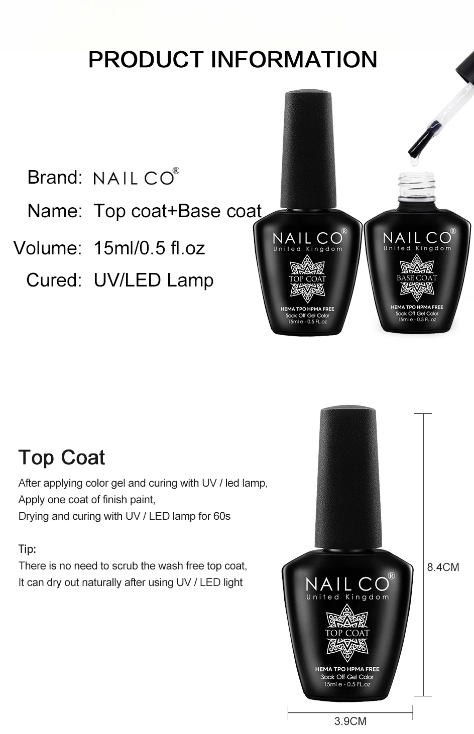 NAILCO 1/2 Stück Basislack Überlack für Nägel Langanhaltender Klarer Überlack LED UV Nagelstärkung Hochglanz-Finish-Gel HEMA-FREI TPO – Detail 3