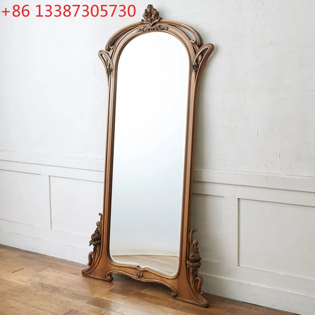 

European retro solid wood carving flower full body mirror arched floor mirror household