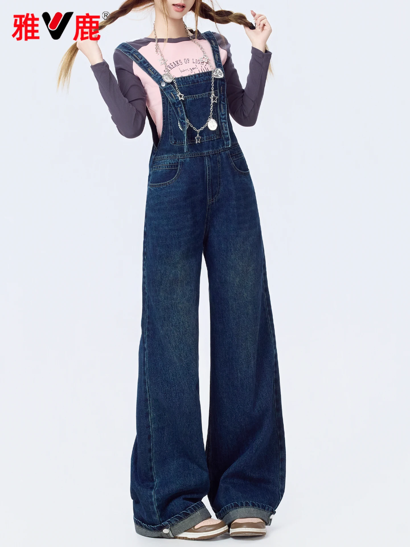 

Yaloo винтажные отложные джинсовые комбинезоны женские свободные утягивающие широкие брюки длиной до пола цельные осенние новые джинсы Lazy Sle