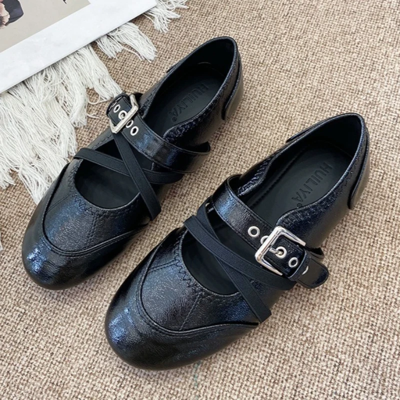 

Belt Buckle Women's Shoes Round Toe Mary Jane Shoes Women Shallow Cross Elastic Band Comfortable Casual Shoe Flat Ballet Shoes
