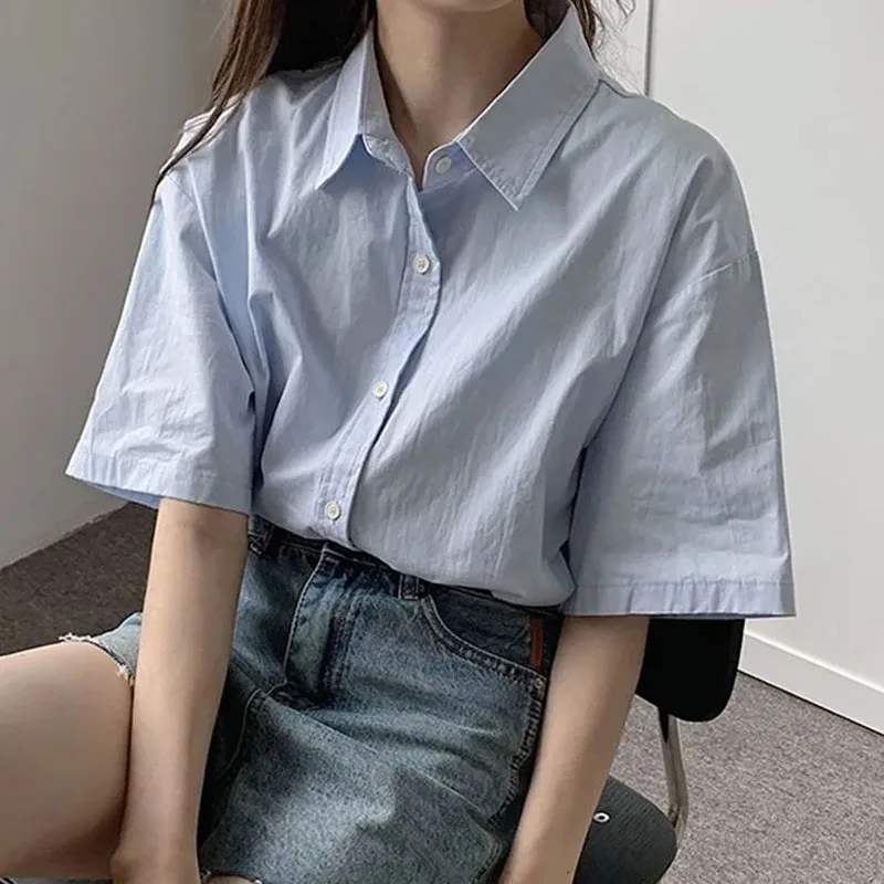 Xpqbb Casual Short Sleeve Shirt Woman Summer All-match Loose Turndown Collar Blouse Female Korean Simple Button Up Work Shirts