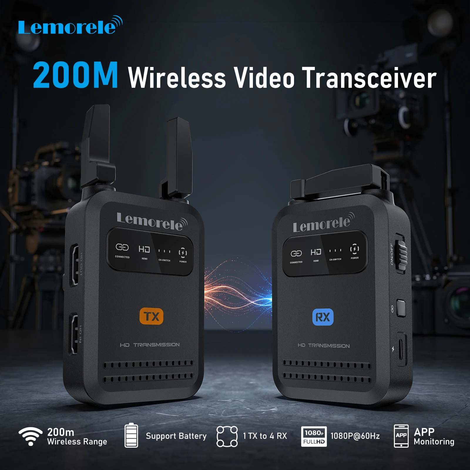Lemorele 200m Wireless HDMI Transmitter & Receiver Video Transceiver 1080P Wireless Extender Kit For Photography Live Streaming