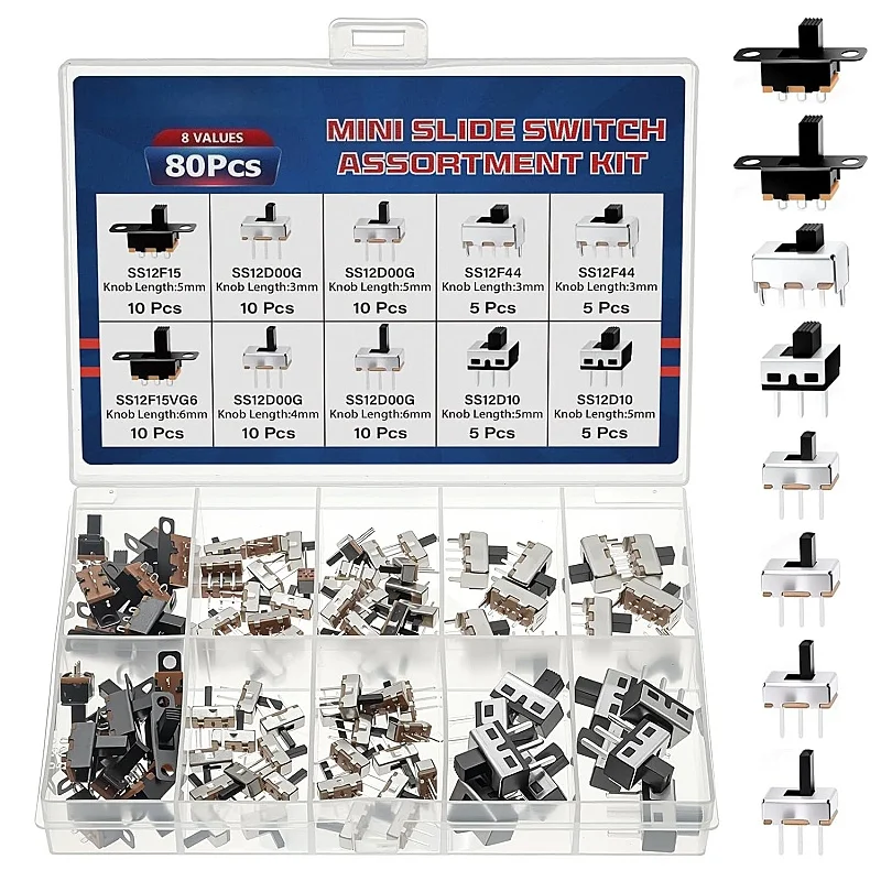 Slide Switch Mini Set 3-Pin 2 Position Built-in Switch On/Off 1P2T SPDT Soldering Vertical Panel Switch Mini Switch (80 Pieces)
