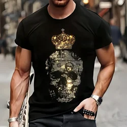 Fashion Mens Quality T-Shirts Casual Short Sleeve Clothing Tee Tops O-Neck Skull Rhinestone Outdoor Tshirt Y2k Oversized S-3XL