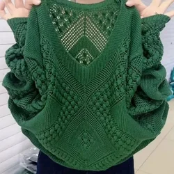 FashionHollow Loose Solid Color V-Neck Knitted Sweater For Women's Spring And Summer New Long Sleeve Pullover Green Shirt Female
