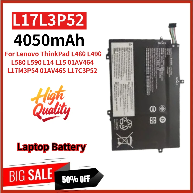

100% New Replacement Laptop Battery L17L3P52 11.1V 4050mAh For Lenovo ThinkPad L14 L15 L480 L490 L580 L590 Series High Quality