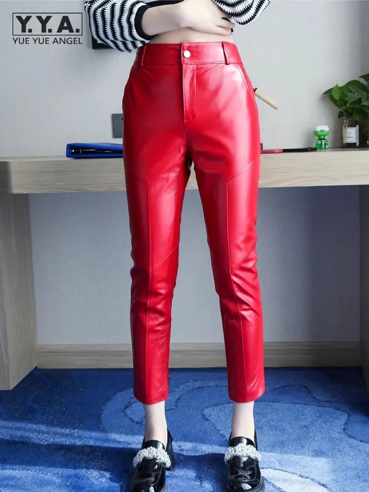 

Slim Fit High Waist Women Genuine Leather Pants Solid Color Ankle Length Trousers Fashion Real Sheepskin Female Pencil Pants