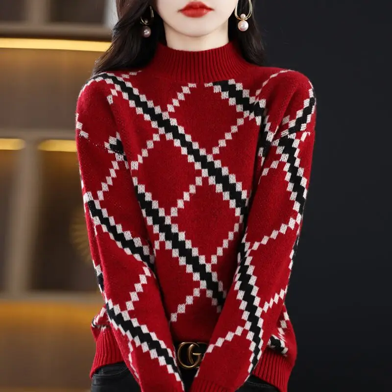 Women Chic Striped Fashion Loose Thick Sweaters Winter Long Sleeve Plaid Jacquard Woollen Sweater New Knitted O-neck Pullovers