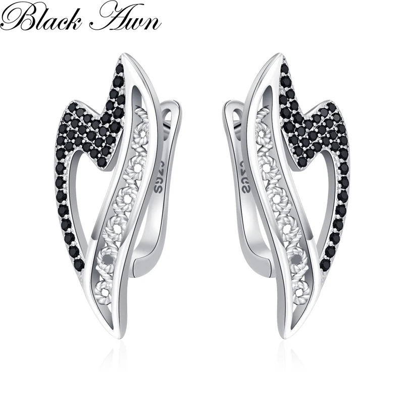 Black Awn 2024 New Heart Hoop Earrings For Women Classic Silver Color Trendy Spinel Engagement Fashion Jewelry I278